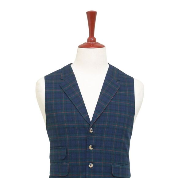 Mens Vest 44R Tartan Plaid Blue Green Red Wool Lapel Waistcoat Formal Wedding - Picture 4 of 9